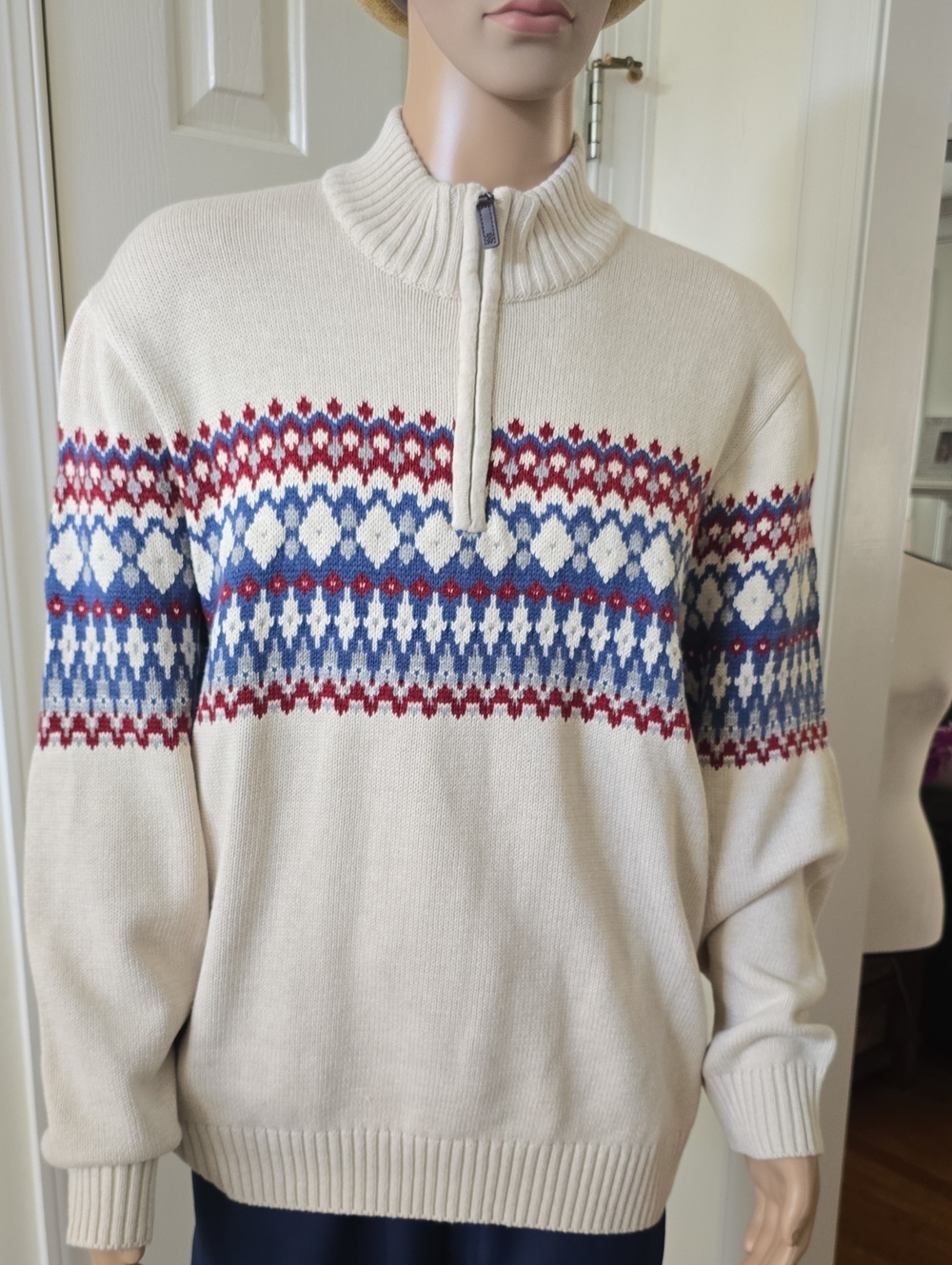 IZOD Brand Men's Big And Tall Quarter Zip Sweater in Cream, Red & Blue Size 4XB
